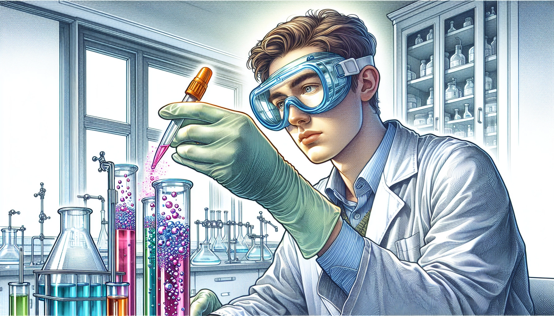 Illustration Of A Person Wearing Safety Goggles And Gloves While Handling Chemicals